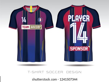 Blue and red layout football sport t-shirt design. Template front, back view. Soccer kit national team shirt mock up. Vector Illustration.