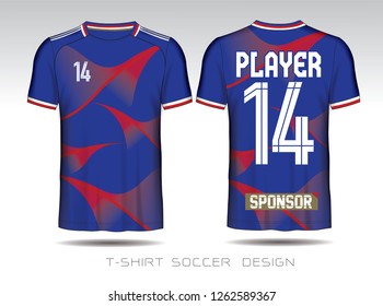 Blue and red layout football sport t-shirt design. Template front, back view. Soccer kit national team shirt mock up. Vector Illustration.