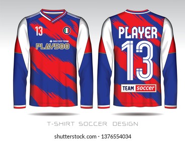 Blue and red layout football sport t-shirt design. Template front, back view. Soccer kit national team shirt mock up. Vector Illustration.
