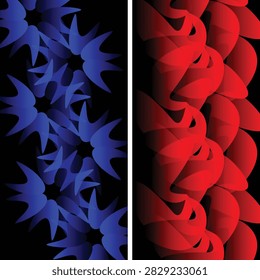 Blue and Red Leaf Pattern with Dense Botanical Shapes on Black Background