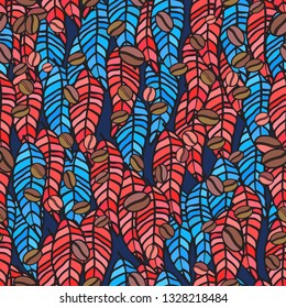 Blue red leaves foliage pattern vector trendy colour plants like a chevron  zigzag geo ornament leafs. Abstract pattern allover surfing style. Shapes plant background