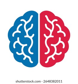 Blue, red, left, right human brain. Top-view design with stylised cerebral folds, ideal for educational, medical, psychology and neuroscience themes.