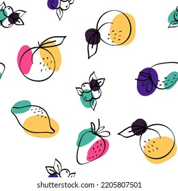 Blue and Red Lemon and Strawberry Vector White Seamless Pattern. Summer Apricot and Lime Texture. Green and Fuchsia Orange and Berry Line Design.