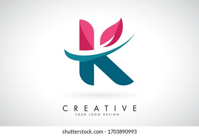 Blue and Red Letter K with Leaf and Creative Swoosh Logo Design Vector Illustration.