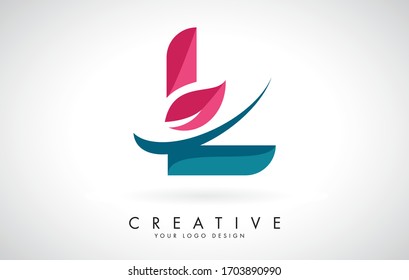 Blue and Red Letter L with Leaf and Creative Swoosh Logo Design Vector Illustration.