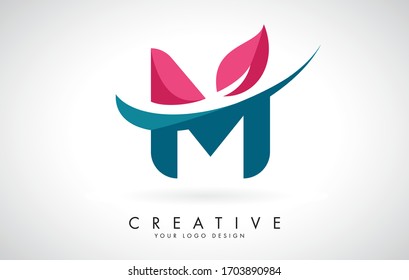 Blue and Red Letter M with Leaf and Creative Swoosh Logo Design Vector Illustration.