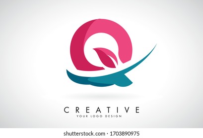 Letra azul y roja Q con imagen vectorial de diseño con logotipo de hoja y Swoosh creativo.