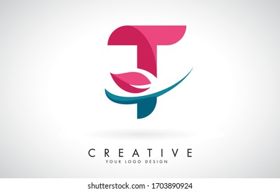 Blue and Red Letter T with Leaf and Creative Swoosh Logo Design Vector Illustration.