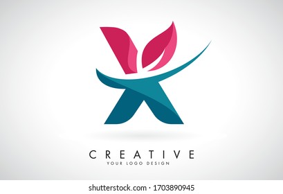 Blue and Red Letter X with Leaf and Creative Swoosh Logo Design Vector Illustration.