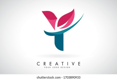 Blue and Red Letter Y with Leaf and Creative Swoosh Logo Design Vector Illustration.