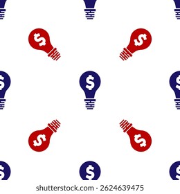 Lâmpada azul e vermelha com símbolo de dólar ícone isolado padrão sem costura no fundo branco. Ideias de ganhar dinheiro. Conceito de inovação da tecnologia financeira.  Vetor