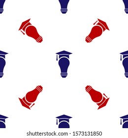 Blue and red Light bulb and graduation cap icon isolated seamless pattern on white background. University Education concept.  Vector Illustration