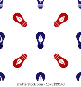 Blue and red Light bulb with leaf icon isolated seamless pattern on white background. Eco energy concept. Alternative energy concept.  Vector Illustration