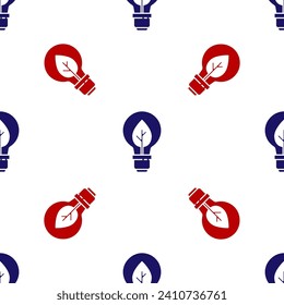 Blue and red Light bulb with leaf icon isolated seamless pattern on white background. Eco energy concept. Alternative energy concept.  Vector