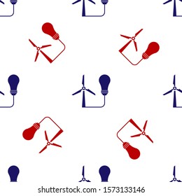 Blue and red Light bulb with wind turbine as idea of eco friendly source of energy icon isolated seamless pattern on white background. Alternative energy concept.  Vector Illustration