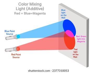 Blue red light color mixture. result magenta in white wall. Additive circles mix anatomy, example. Primary RGB blend. Transparency component lights, Vector illustration.	