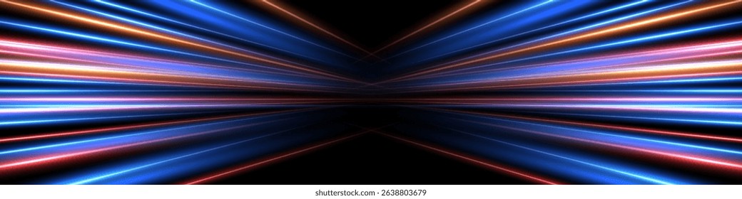 Blue and red light speed background. Abstract glowing light rays in red, blue, purple, and orange on black backdrop. Futuristic flashes in night. Car lights on road. Technology vector illustration.