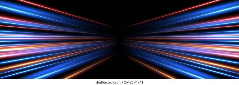 Blue and red light speed background. Abstract glowing light rays in red, blue, purple, and orange on black backdrop. Futuristic flashes in night. Car lights on road. Technology vector illustration.