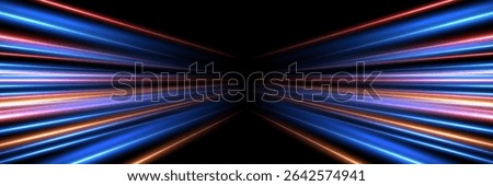 Blue and red light speed background. Abstract glowing light rays in red, blue, purple, and orange on black backdrop. Futuristic flashes in night. Car lights on road. Technology vector illustration.