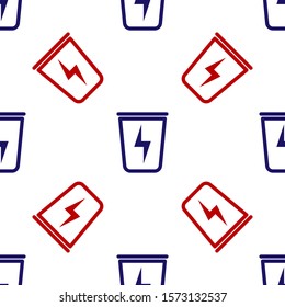 Blue and red Lightning with trash can icon isolated seamless pattern on white background. Waste to energy. Garbage bin sign. Recycle basket sign.  Vector Illustration