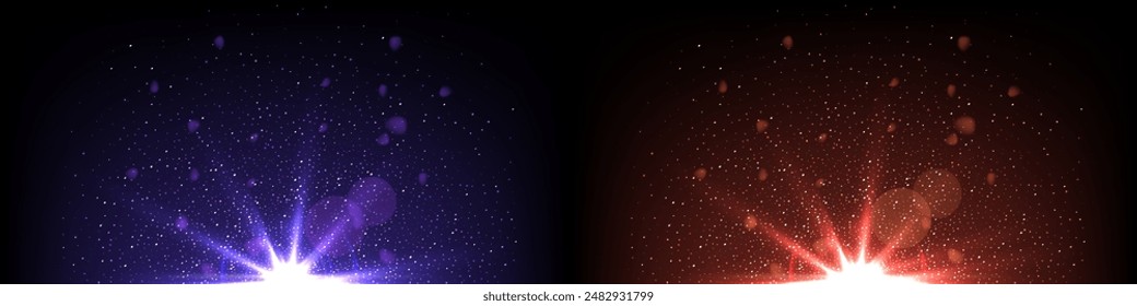 Blue and red lights flash effect with shine glow rays on black horizontal background. Flares of light with rays beams in dark space. Bright spark shining vector illustration.