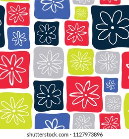 Blue, red, lime, and gray doodle squares with white flowers on a white background. Seamless vector pattern. Perfect for backgrounds, fabric, packaging, and wallpaper projects.