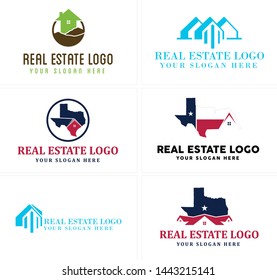 Blue red line art illustration vector home with Texas map design logo suitable for real estate agency team sales provider