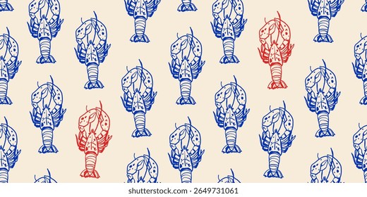 Padrão sem costura de lagosta azul e vermelho. Mar, oceano, mar, praia de verão repetir fundo. Papel de parede tropical, papel de embrulho, tecido retro, design têxtil. Ilustração de vetor desenhada à mão.