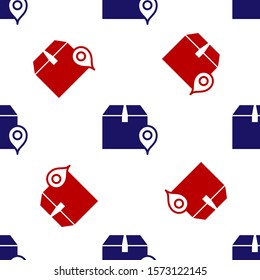 Blue and red Location with cardboard box icon isolated seamless pattern on white background. Delivery services, logistic and transportation, relocation, distribution.  Vector Illustration