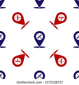 Blue and red Location with crossed screwdriver and wrench tools icon isolated seamless pattern on white background. Pointer settings symbol.  Vector Illustration