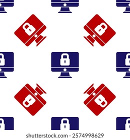 Blue and red Lock on computer monitor screen icon isolated seamless pattern on white background. Security, safety, protection concept. Safe internetwork.  Vector