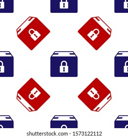 Blue and red Locked package icon isolated seamless pattern on white background. Lock and cardboard box.  Vector Illustration