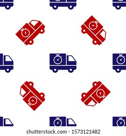 Blue and red Logistics delivery truck and stopwatch icon isolated seamless pattern on white background. Delivery time icon.  Vector Illustration