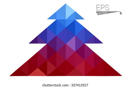 Blue, red low poly style christmas tree vector illustration consisting of triangles. Abstract triangular polygonal origami or crystal design of New Years celebration. Isolated on white background