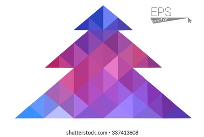 Blue, red low poly style christmas tree vector illustration consisting of triangles. Abstract triangular polygonal origami or crystal design of New Years celebration. Isolated on white background