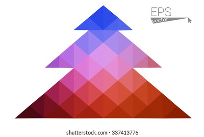 Blue, red low poly style christmas tree vector illustration consisting of triangles. Abstract triangular polygonal origami or crystal design of New Years celebration. Isolated on white background