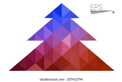 Blue, red low poly style christmas tree vector illustration consisting of triangles. Abstract triangular polygonal origami or crystal design of New Years celebration. Isolated on white background