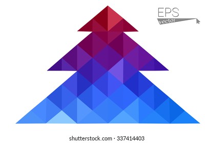 Blue, red low poly style christmas tree vector illustration consisting of triangles. Abstract triangular polygonal origami or crystal design of New Years celebration. Isolated on white background