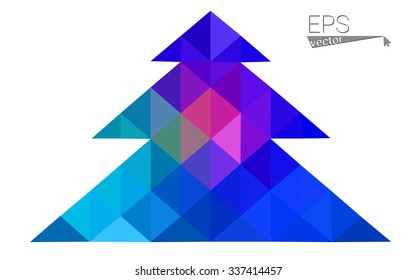 Blue, red low poly style christmas tree vector illustration consisting of triangles. Abstract triangular polygonal origami or crystal design of New Years celebration. Isolated on white background