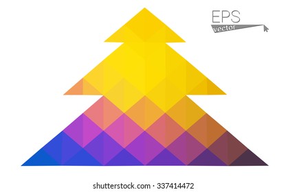 Blue, red low poly style christmas tree vector illustration consisting of triangles. Abstract triangular polygonal origami or crystal design of New Years celebration. Isolated on white background
