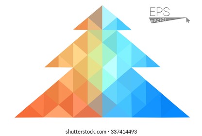 Blue, red low poly style christmas tree vector illustration consisting of triangles. Abstract triangular polygonal origami or crystal design of New Years celebration. Isolated on white background