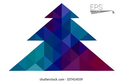 Blue, red low poly style christmas tree vector illustration consisting of triangles. Abstract triangular polygonal origami or crystal design of New Years celebration. Isolated on white background