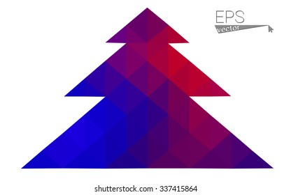 Blue, red low poly style christmas tree vector illustration consisting of triangles. Abstract triangular polygonal origami or crystal design of New Years celebration. Isolated on white background