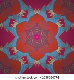 Blue, red and magenta colors. Tiled mandala design, best for print fabric or papper and more. Boho style flower seamless pattern. Vector Mandala.