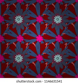 Blue, red and magenta colors vector seamless pattern with many flowers.