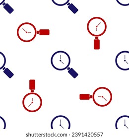 Blue and red Magnifying glass with clock icon isolated seamless pattern on white background.  Vector