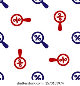 Blue and red Magnifying glass with percent discount icon isolated seamless pattern on white background. Discount offers searching. Search for discount sale sign.  Vector Illustration