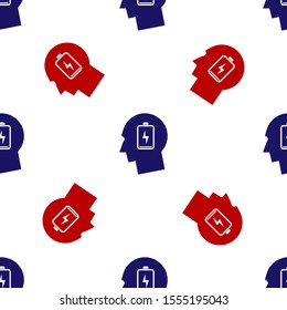 Blue and red Male head with low battery icon isolated seamless pattern on white background. Tired man.  Vector Illustration