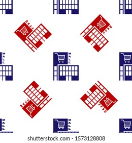 Blue and red Mall or supermarket building with shopping cart icon isolated seamless pattern on white background. Shop or store.  Vector Illustration