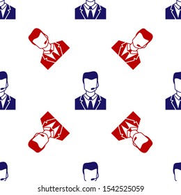 Blue and red Man with a headset icon isolated seamless pattern on white background. Support operator in touch. Concept for call center, client support service.  Vector Illustration